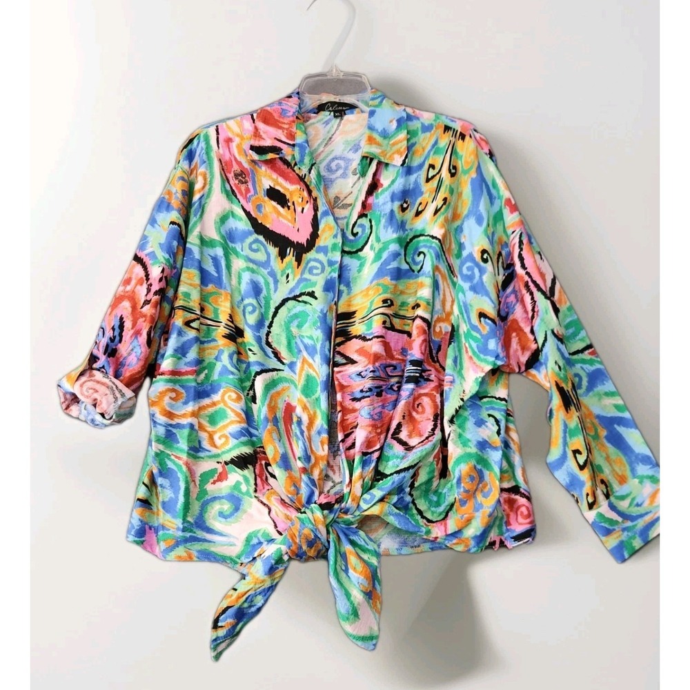NEW Calessa‎ Shirt Top Women M Tie Front Colorful Festival Travel Unique Print